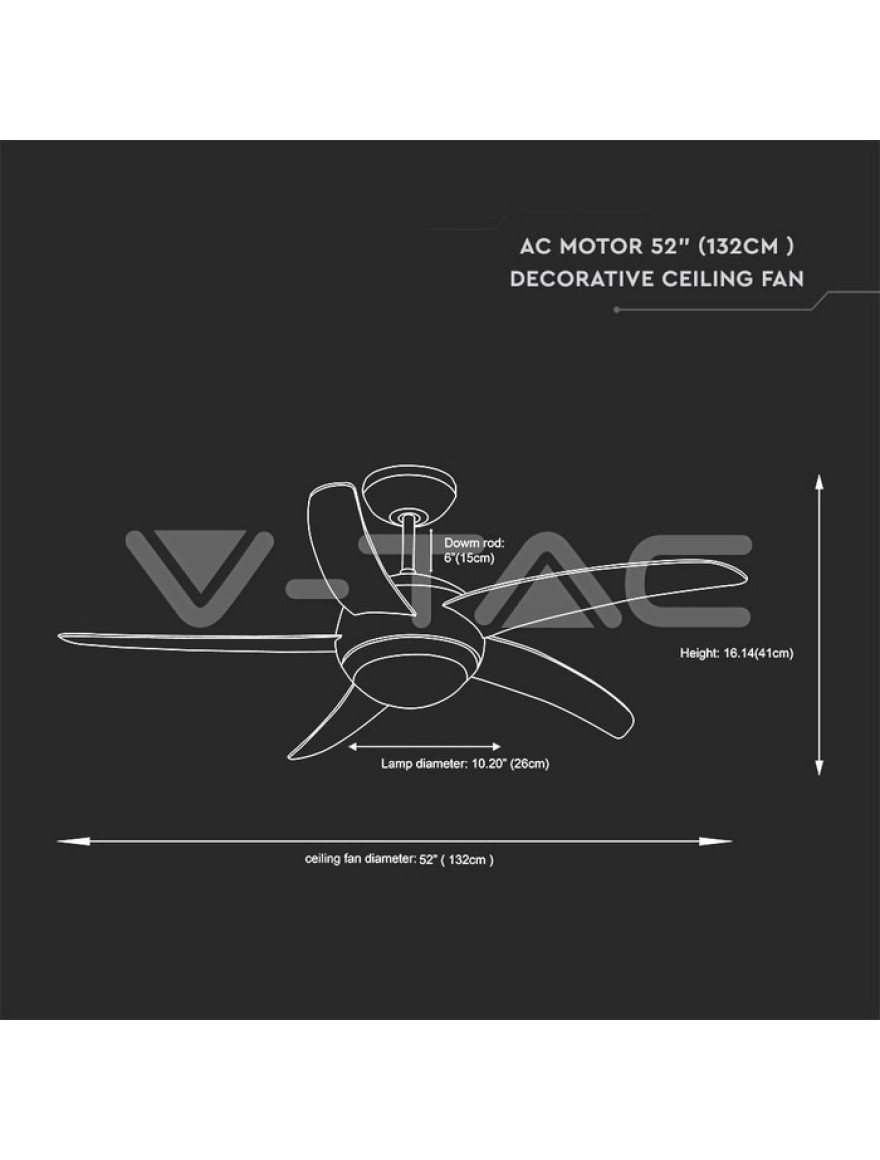Lustra cu ventilator 60W 2xE27 190 rot/min  D132x41 5pale+telecomanda V-TAC