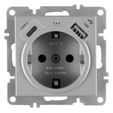 Розетка с заземлением и шторками +USB+TypeC 5V-2.4A серебристая Karen ARVIA