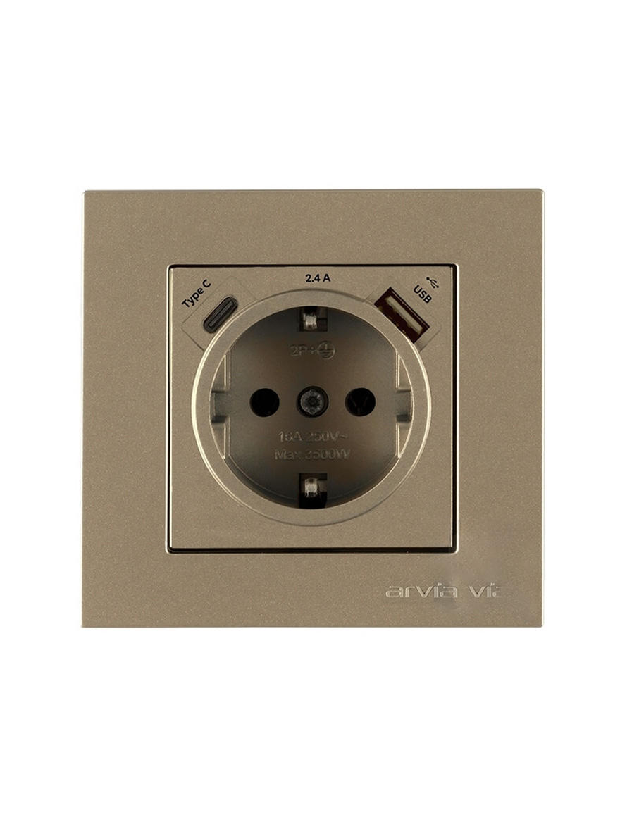 Priză cu împ. si obturatoare +USB+TypeC 5V-2.4A titan Karen ARVIA