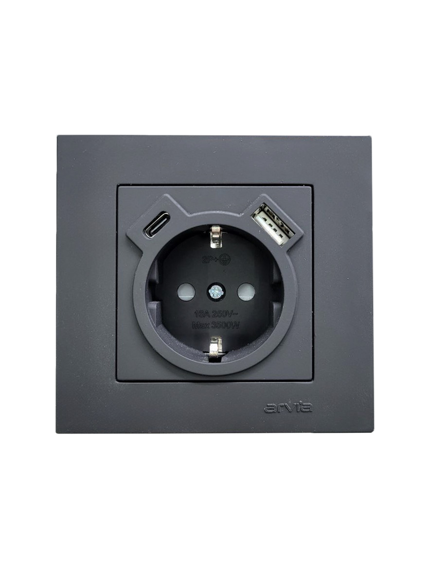 Розетка с вилкой и шторками + USB+ Type-C 5V-2.4A, мягкая, черная, Karen ARVIA