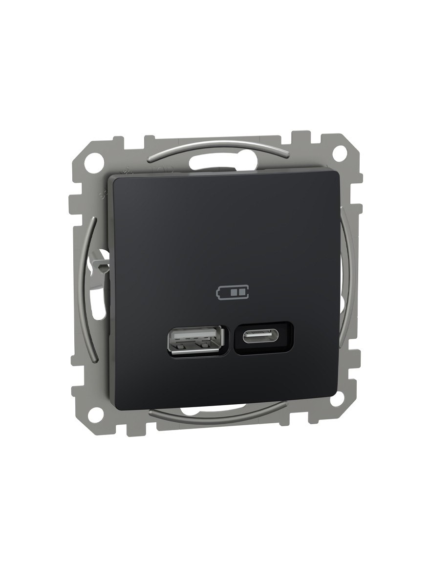 Двойная USB-розетка A+C 3A 21W, антрацитовая, Fast Charge, SDD114405, Sedna Noua