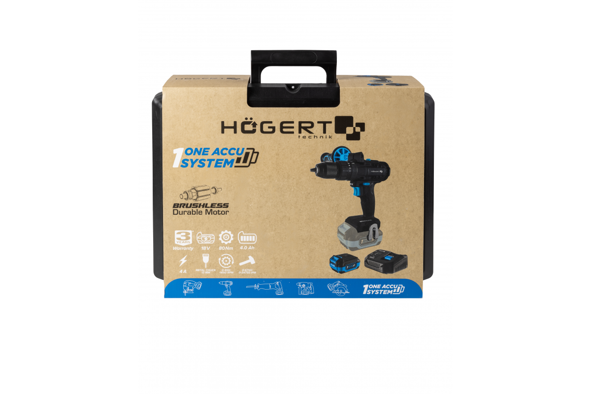 Set mașină de găurit cu percuție 80Nm 18V+acumulator 4Ah+încarcator 4A, HOGERT