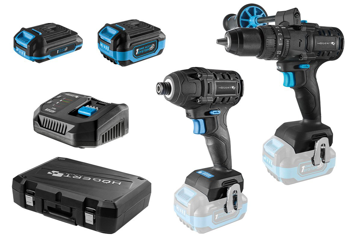 Set mașină de găurit + mașină de înșurubat cu impact, cu acumulator, HOGERT