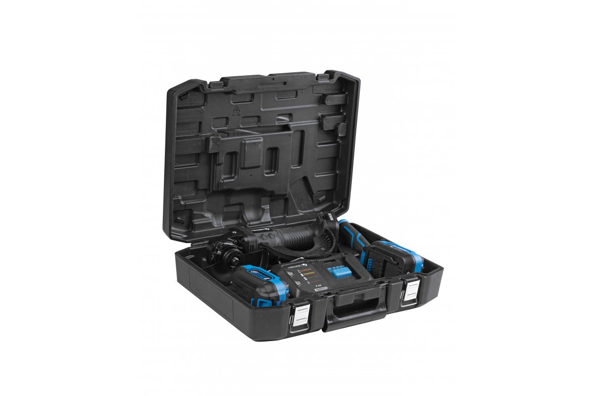 Set polizor unghiular 125 mm, 18V + 2 acumulatoare 4Ah + încărcător 4A, HOGERT