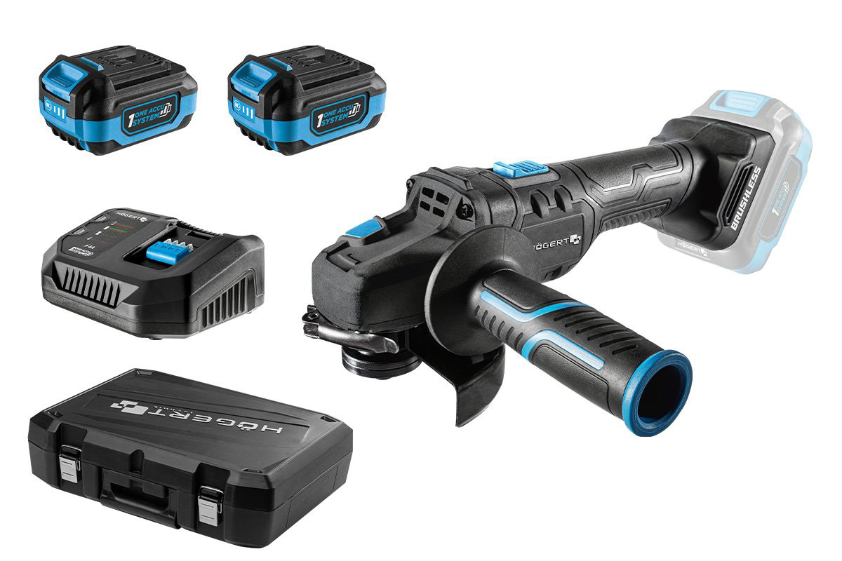 Set polizor unghiular 125 mm, 18V + 2 acumulatoare 4Ah + încărcător 4A, HOGERT