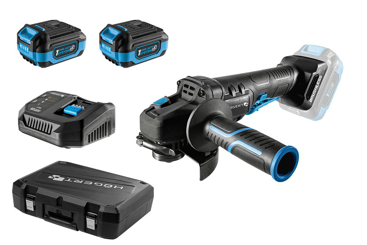 Set polizor unghiular cu intr. paleta 125 mm, 18V + 2 acumulatoare 4Ah + incarcator 4A, HOGERT