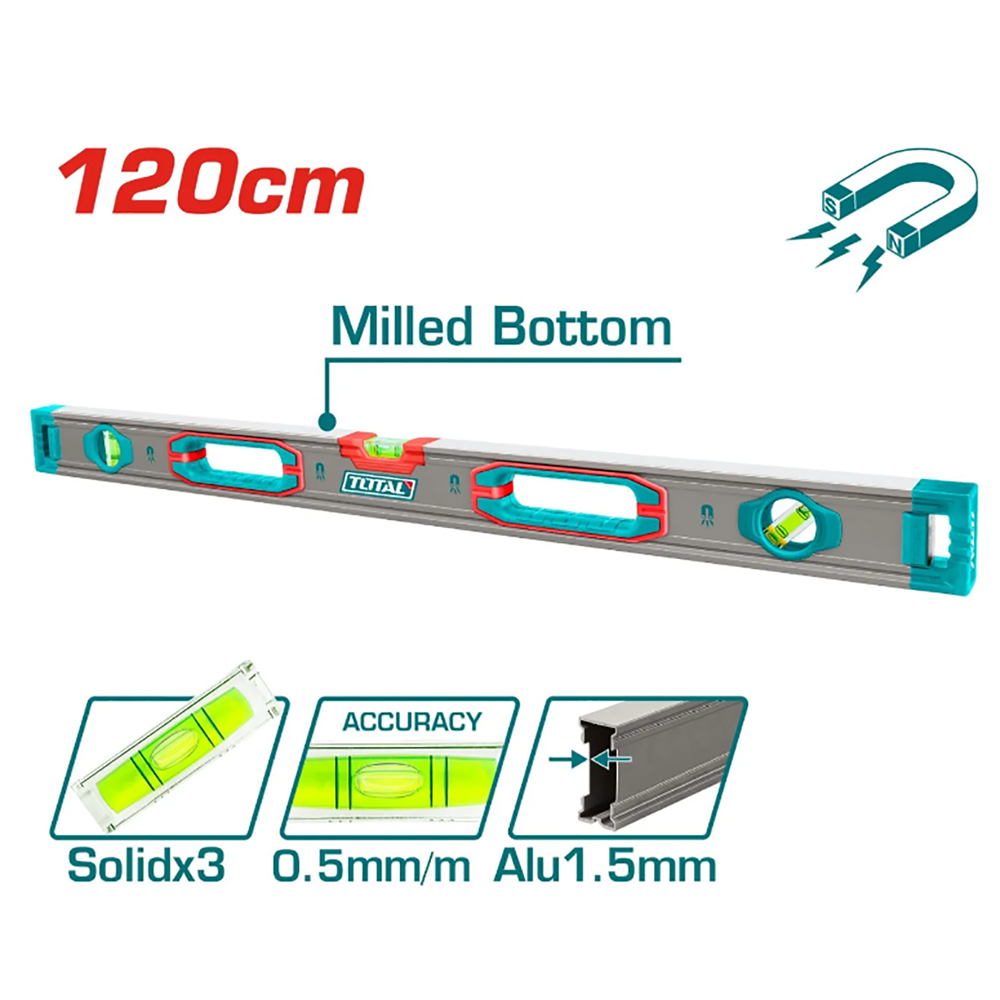 Мощный магнитный уровень с 3 индикаторами, 120 см, TMT212028M