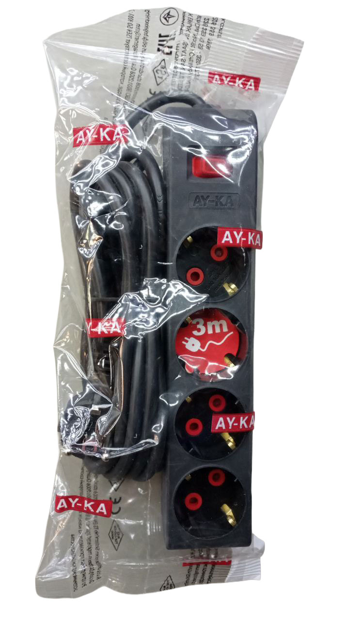 Удлинитель на 4 евро, 3 м, с выключателем, черный (12 шт.)