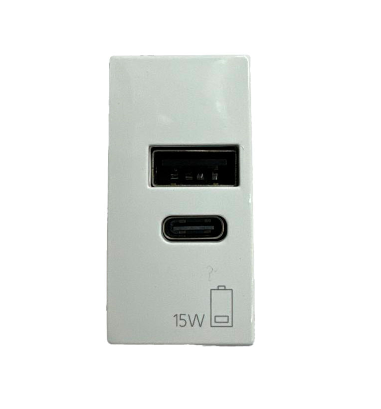 USB-розетка TYPE-C + A, 15W, 5V, 3,0A, 1M, белая, NEVE UP (09292.AC.15)