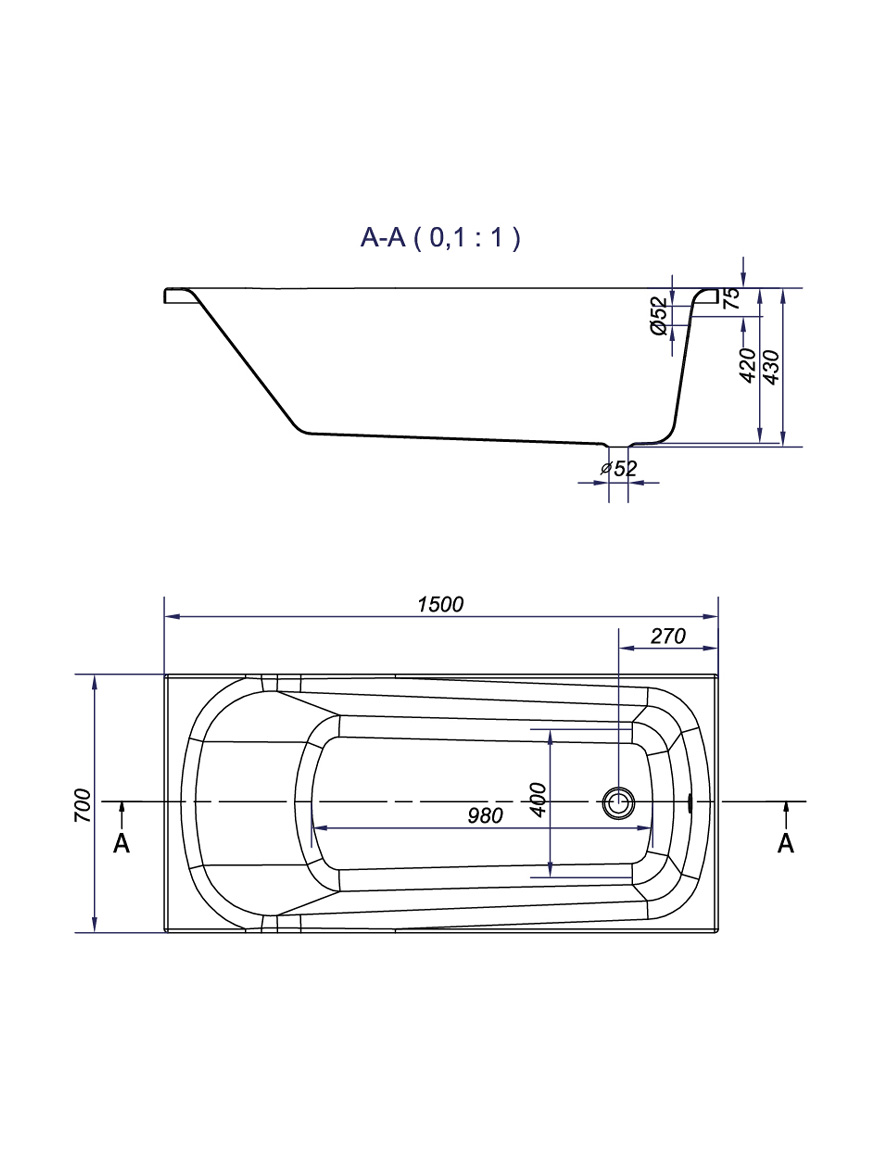 81175 Cadă dreptunghiulară Nao acril 1500x700 + set piciorușe Cersanit