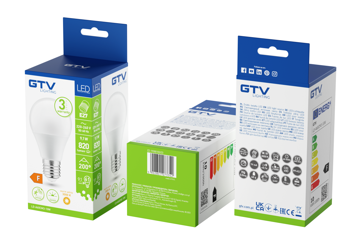 Светодиодная лампа A60 10 Вт 820 лм 3000K E27 с регулировкой яркости GTV