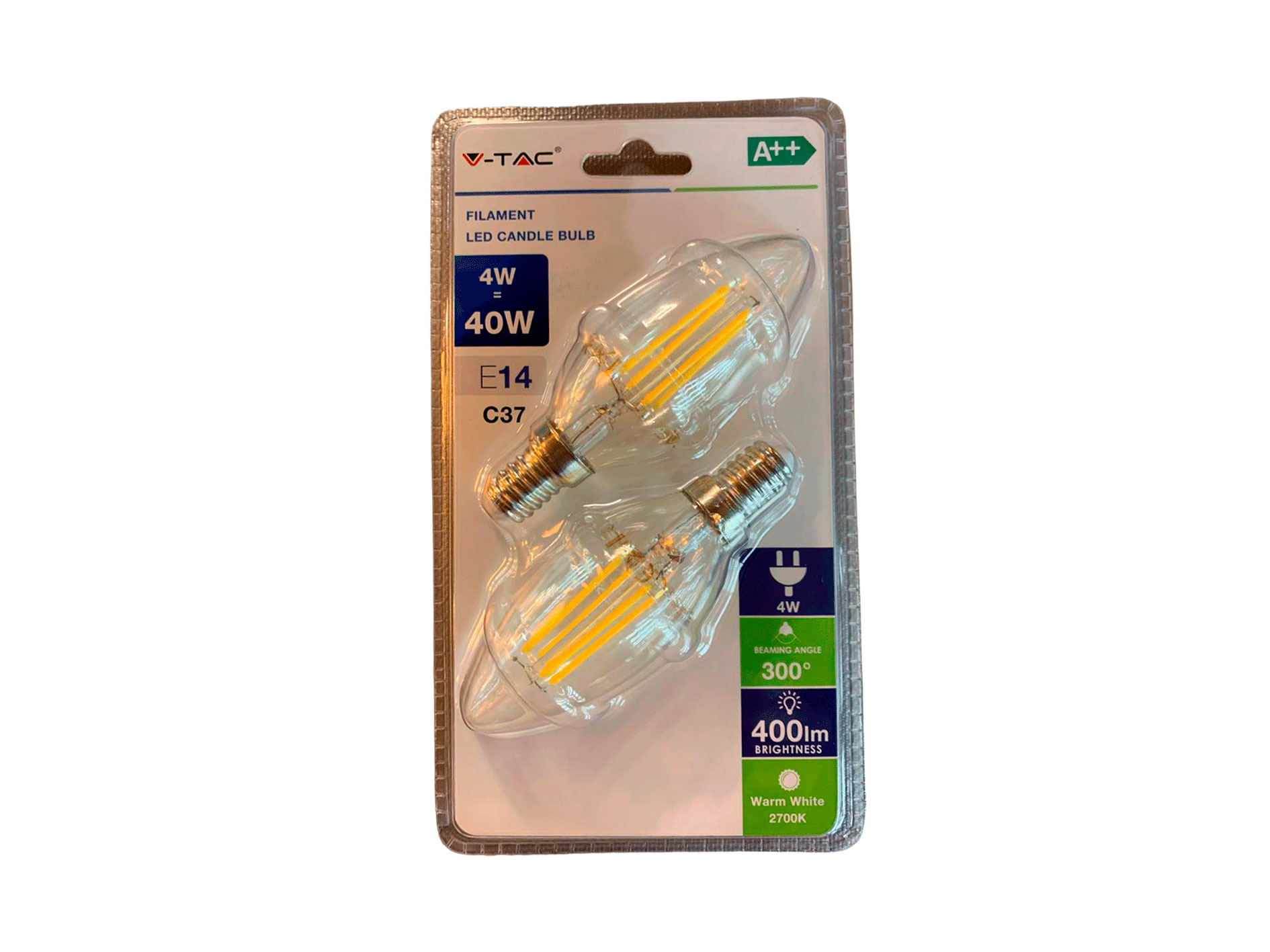 Комплект светодиодных ламп накаливания 4 Вт C37 E14 2700K 400 лм V-TAC 2 шт./комплект
