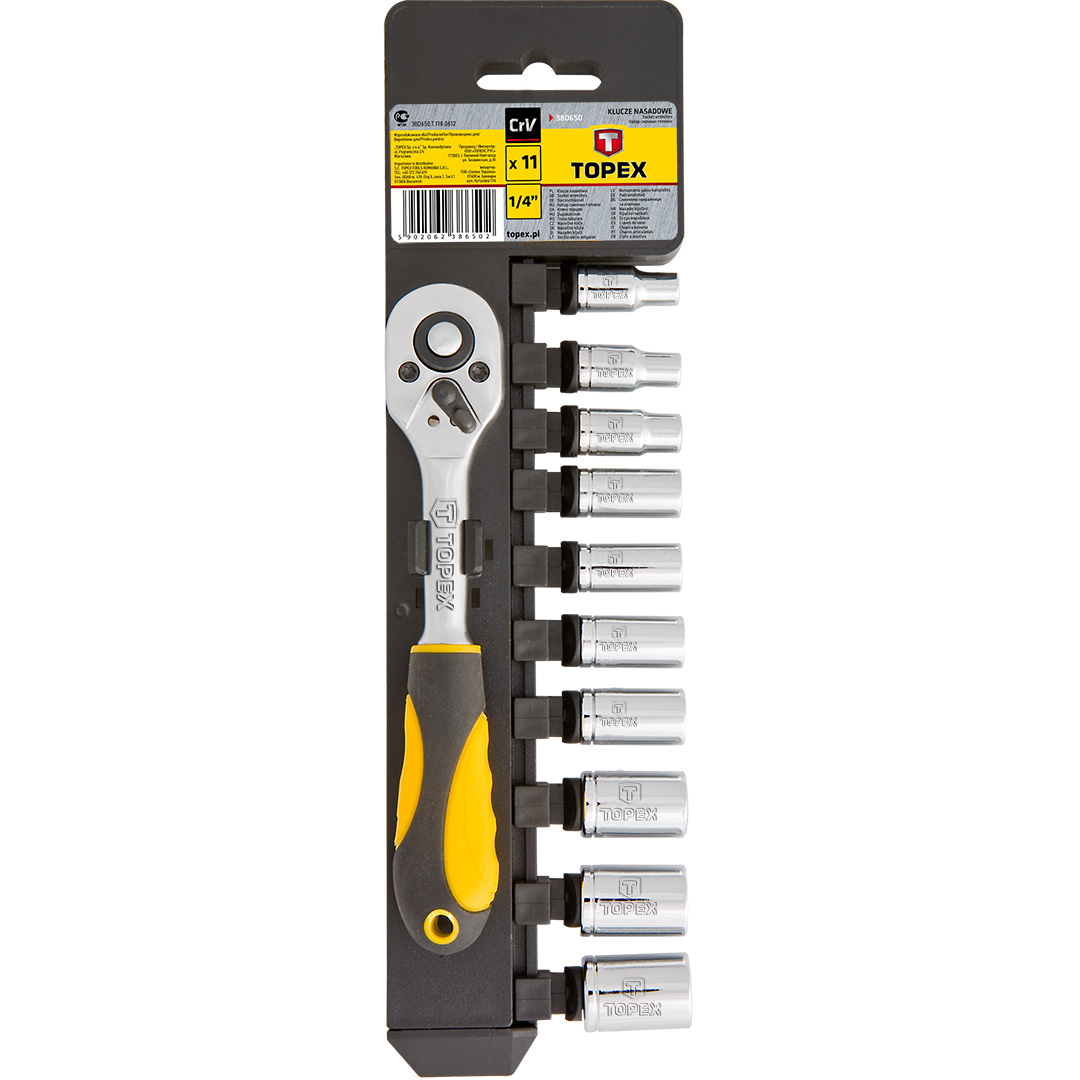Торцовый ключ 1/4″ с трещоткой 140 мм, набор 11 шт. Topex 4159 (38D650)