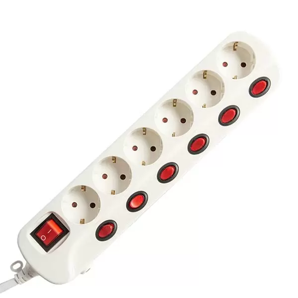 Удлинитель на 6 розеток с 7 выключателями, 2 м, белый