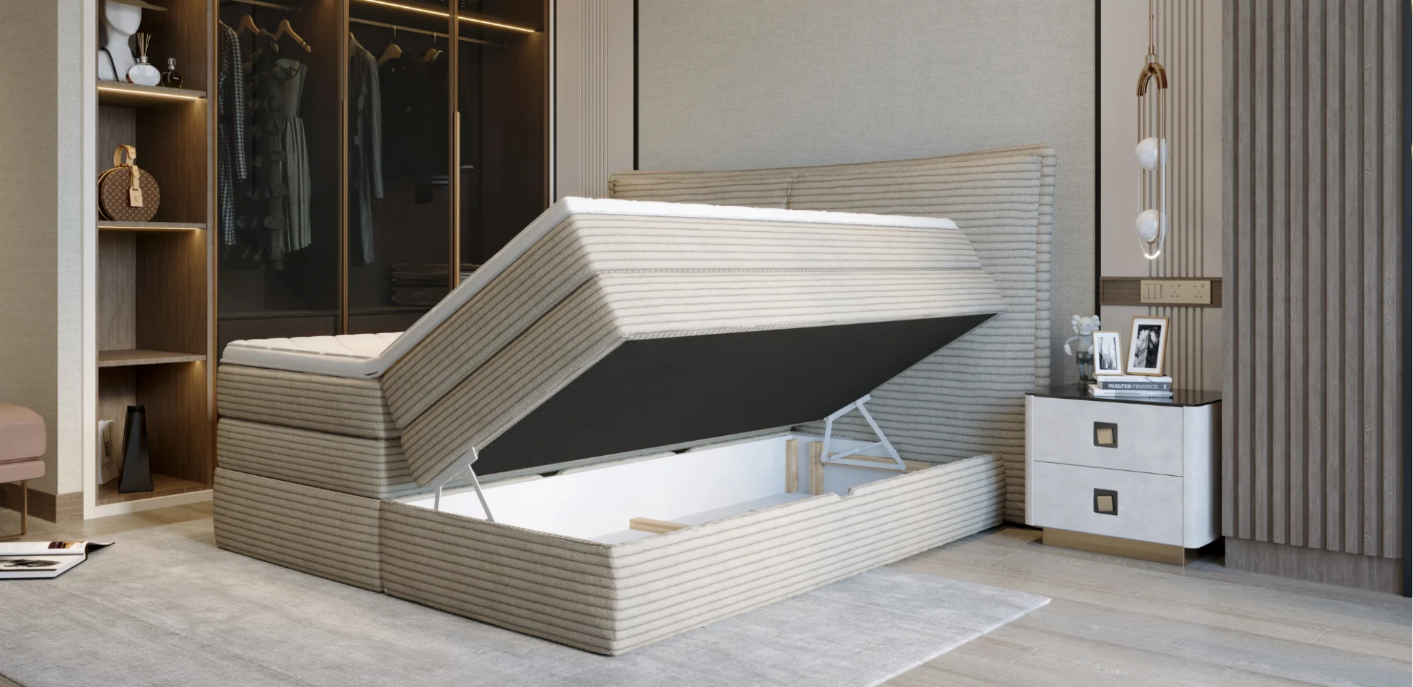 Dormitor MADDEN tapițat cu stofă