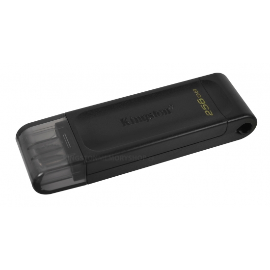 256GB USB-С3.2 Kingston DataTraveler 70, Black, USB-C, Cap design, Stylish and slim plastic casing fits, Keyring Loop (Read 80 MByte/s, Write 20 MByte/s)