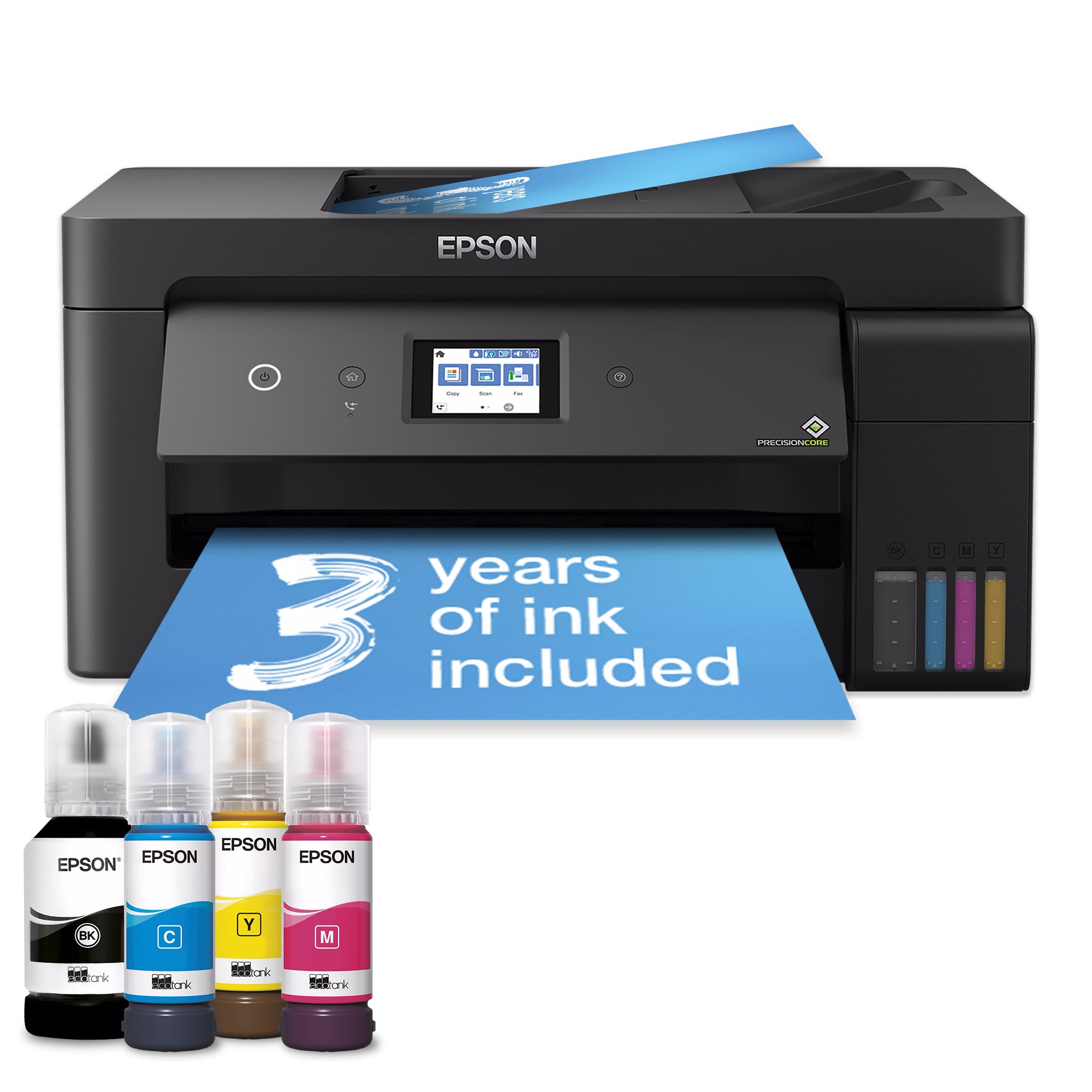 MFD CISS Epson EcoTank L14150 black, A3, Color Printer/Scanner/Copier/Fax, Wi-Fi, Print 4800x1200dpi, 3pl, blue panel, Scan 1200x2400 dpi, ISO/IEC 17.0/9.0 ipm,64-300 г/м2, Wi-Fi Direct,USB 2.0, 4 ink tanks: C13T03V14A/24A/34A/44A B/M/Y/C Black: 6.200 pages Colour: 5.200 p.