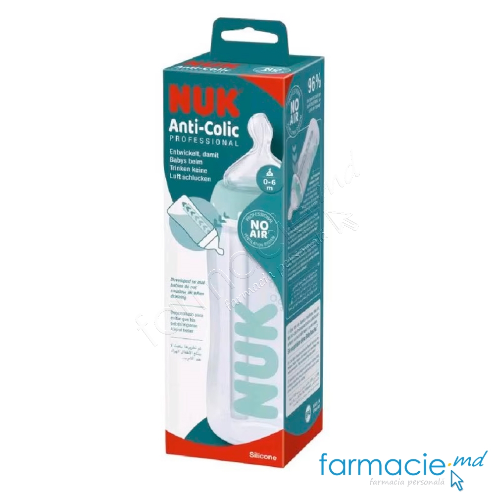 NUK Sticluta FC sistem anticolic plastic 300ml+Tetina silicon 0-6luni (M)+Suzeta silicon 0-6 luni CADOU