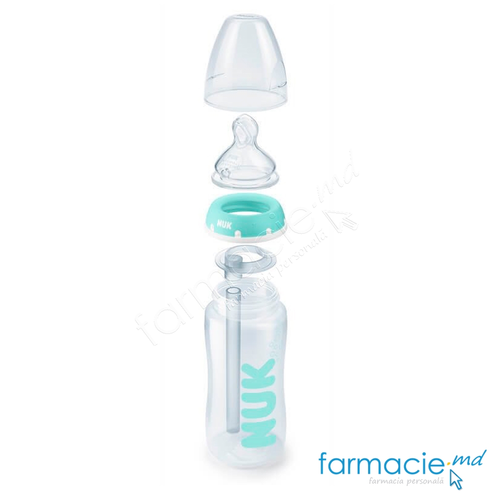 NUK Sticluta FC sistem anticolic plastic 300ml+Tetina silicon 0-6luni (M)+Suzeta silicon 0-6 luni CADOU