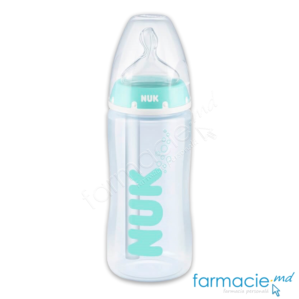 NUK Sticluta FC sistem anticolic plastic 300ml+Tetina silicon 0-6luni (M)+Suzeta silicon 0-6 luni CADOU