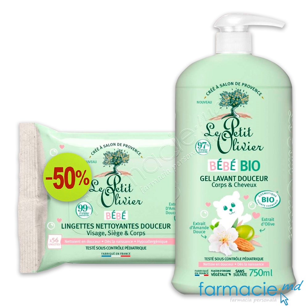 Le Petit Olivier BEBE BIO Gel corp si par extract de migdale si olive 750ml + Servetele umede extract de migdale si olive N56 (-50%)