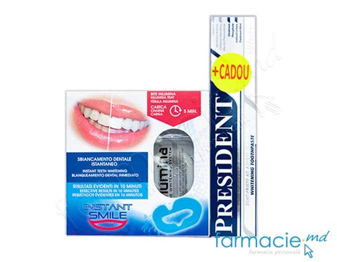 Sistema pentru albirea dintilor INSTANT SMILE kit+Pasta de dinti President White 75ml CADOU