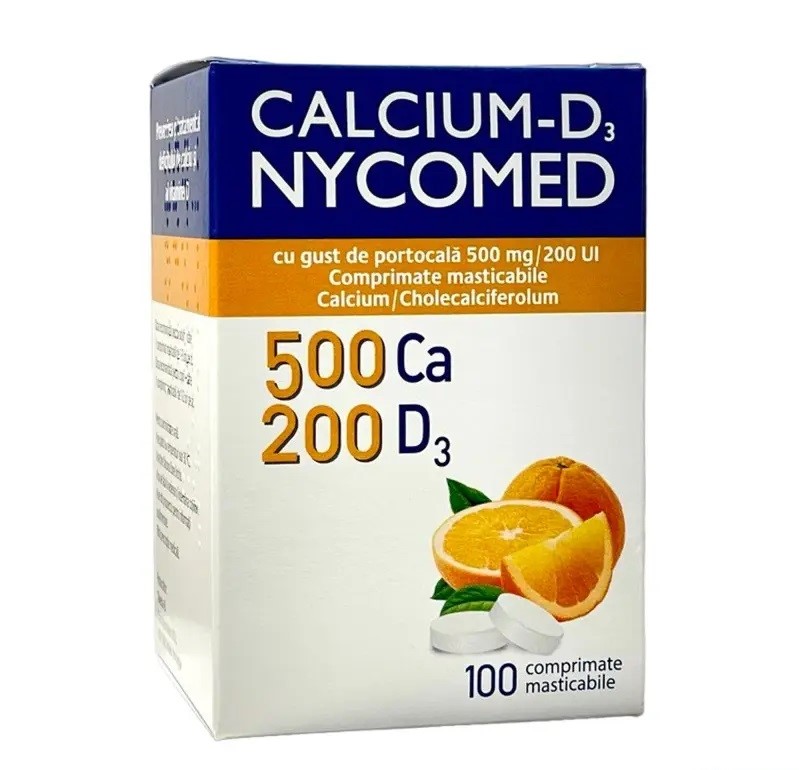 Calcium-D3 Nycomed comp.masticab.500mg/200UI N100 (portocala) Acino