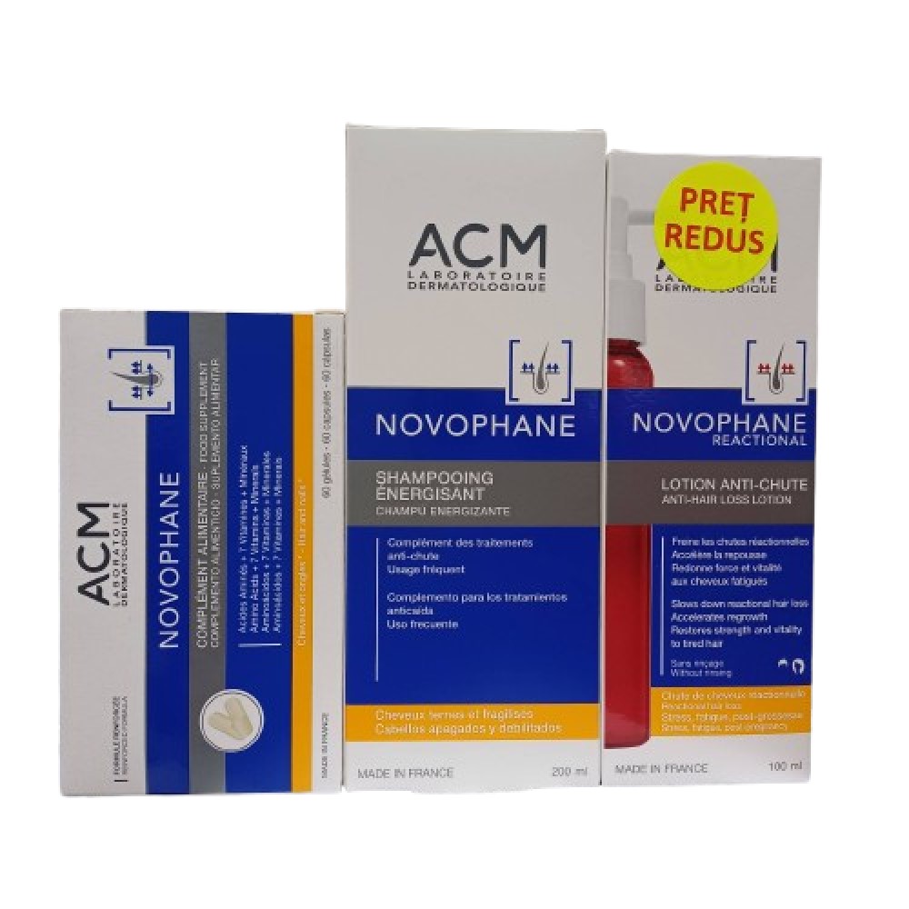 Novophane caps. N60+Novophane Energizing sampon 200ml +Novophane Reactional Lotiune caderii parului 100ml ACM PRET REDUS