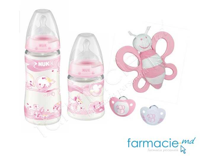 NUK Set copii Baby Rose (biberon N2,suzeta N2,jucar)