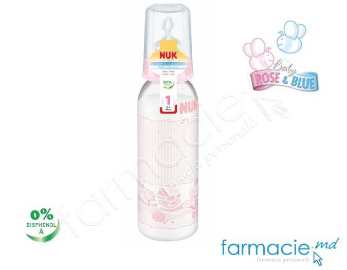 NUK Sticluta Baby Rose PC plastic 240ml+tetina silicon 0-6luni