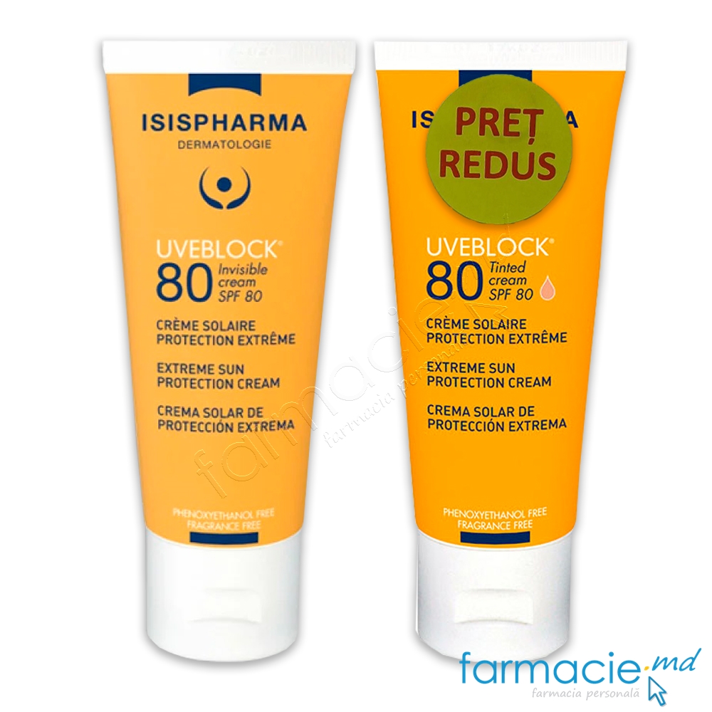 Uveblock SPF80 Invisible 40ml Isispharma+Uveblock SPF80 Tinted 40ml Isispharma PRET REDUS