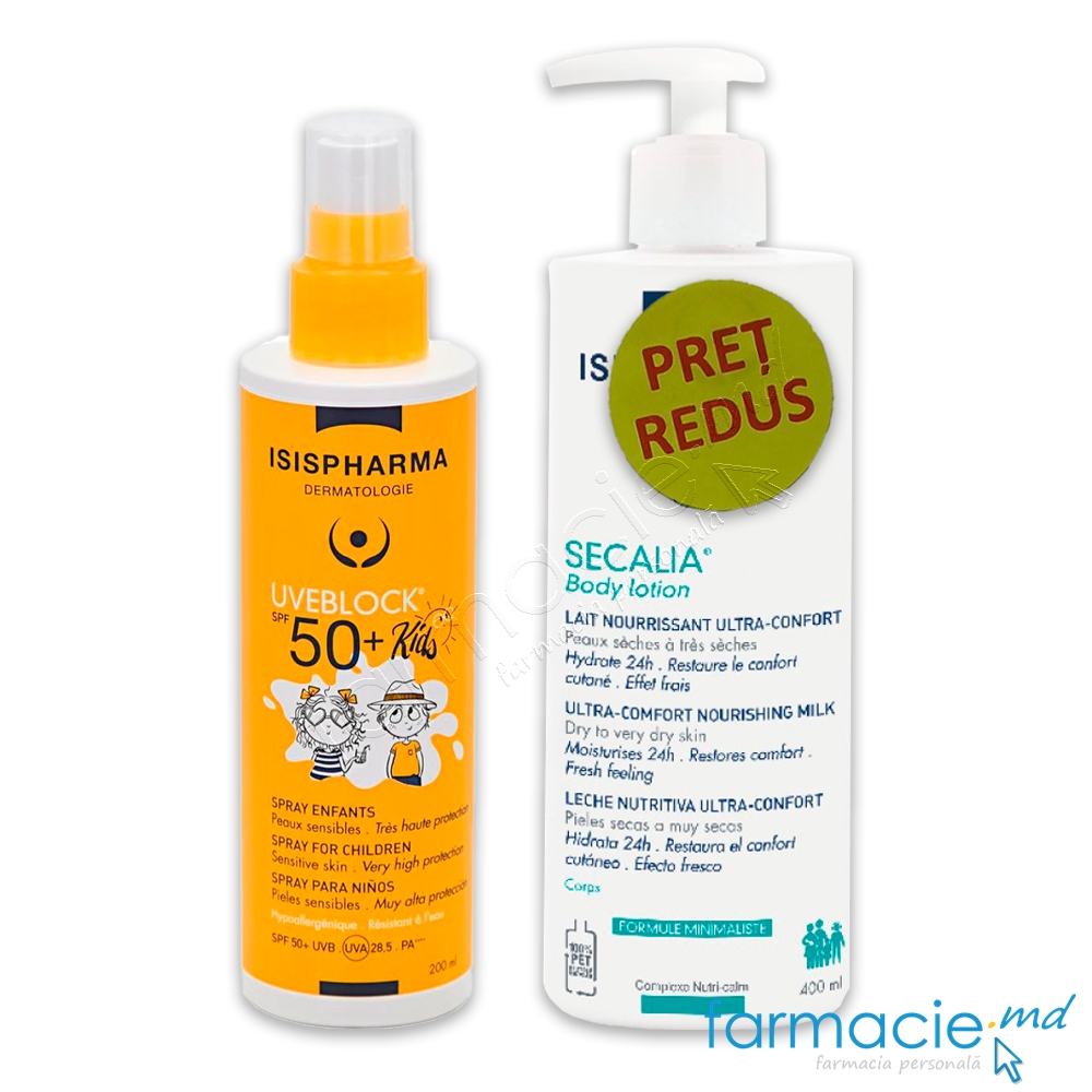 Uveblock spray protectie solara copii SPF 50+200ml Isispharma+Secalia Lotiune corp 400ml+dozator Isispharma PRET REDUS