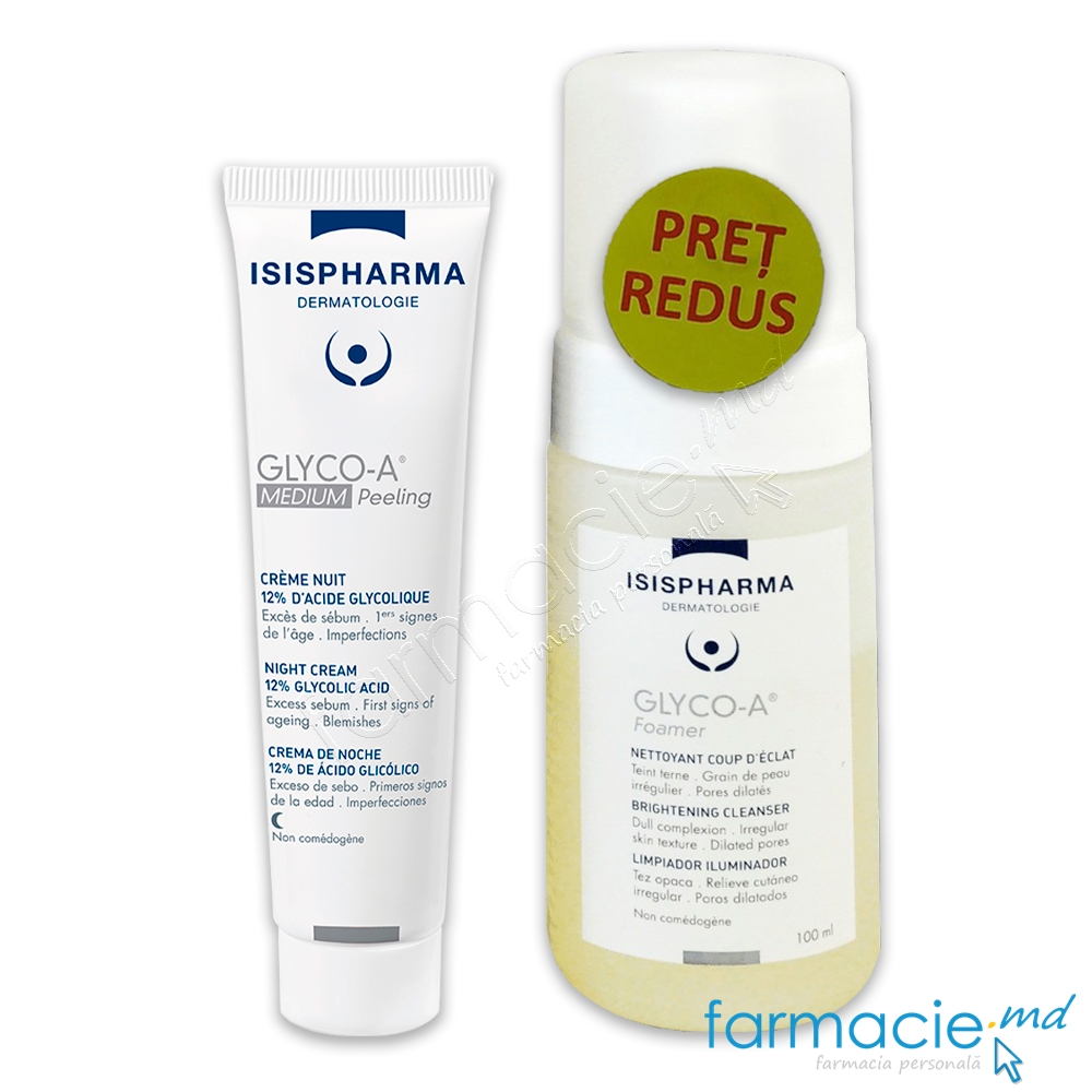 Glyco-A Medium Peeling 12% crema noapte 30ml Isispharma+Glyco-A spuma curatat 100ml Isispharma PRET REDUS