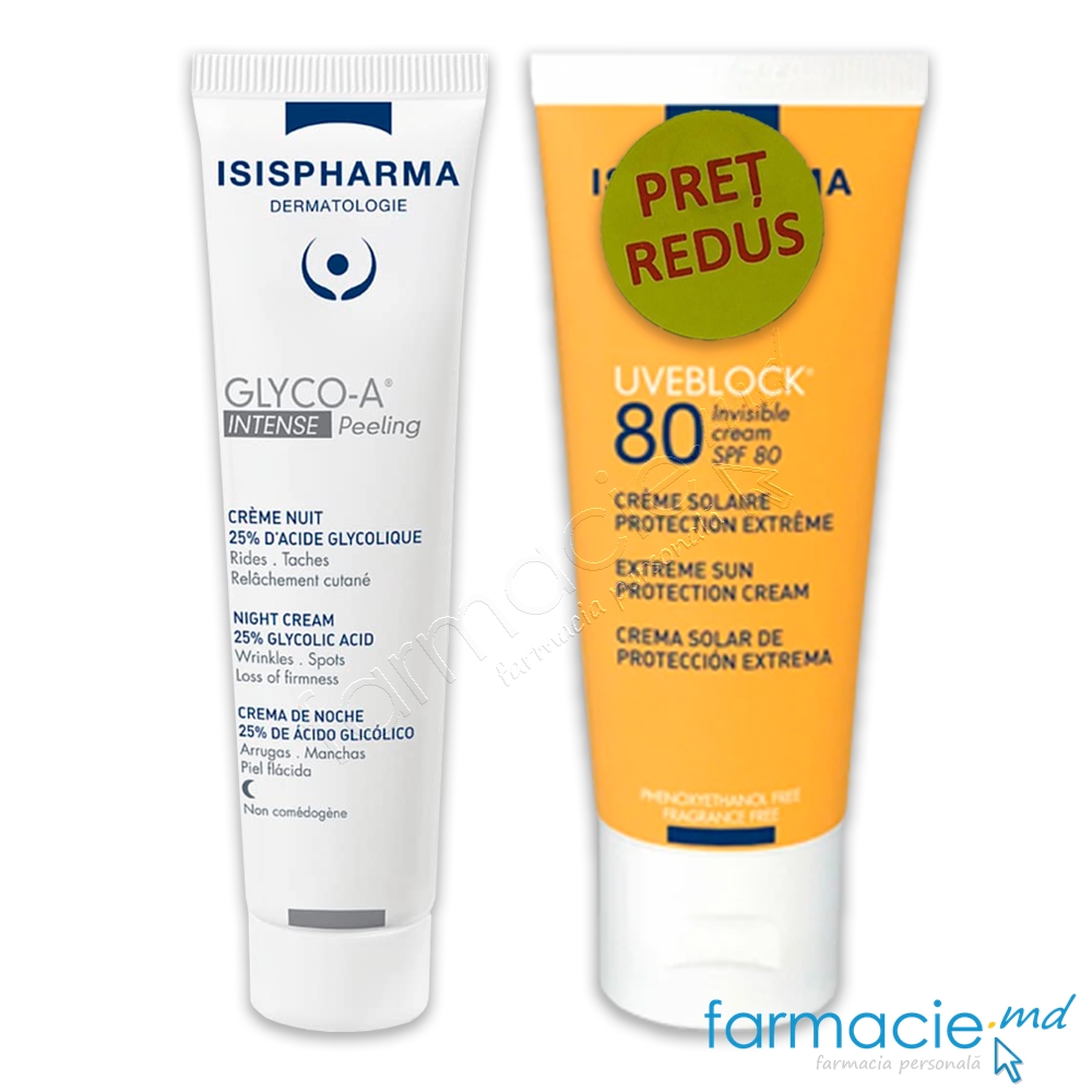 Uveblock SPF80 Invisible 40ml Isispharma+Glyco-A Intense Peeling 25% 30ml Isispharma PRET REDUS