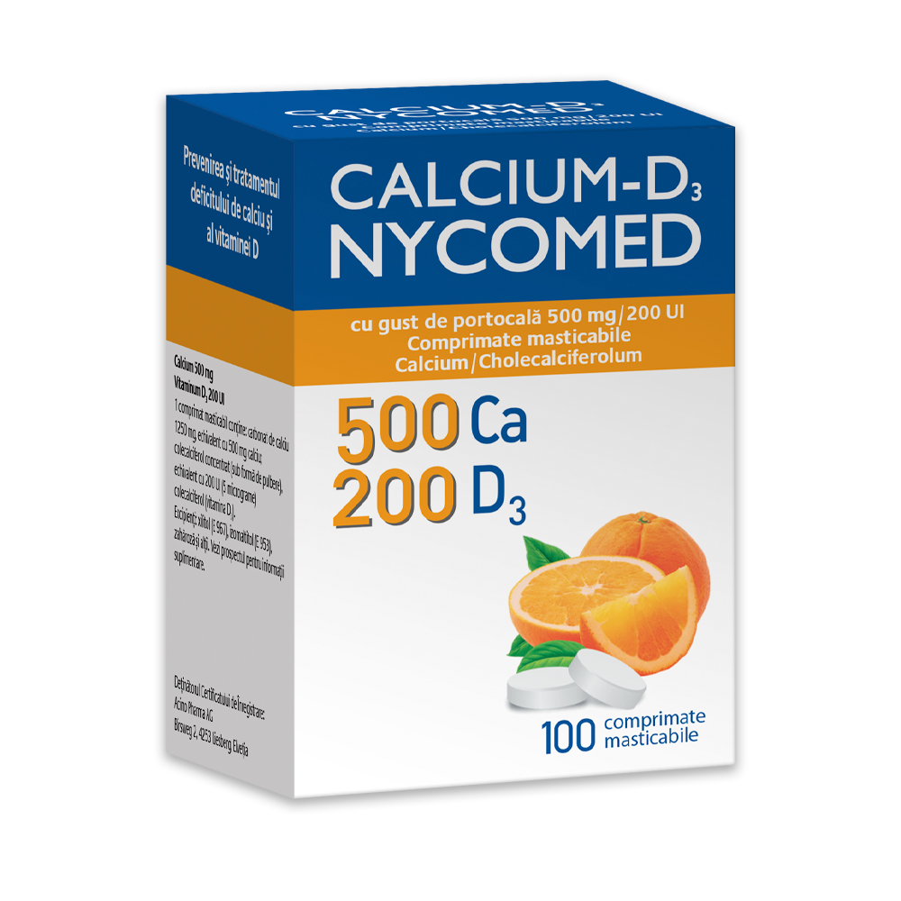 Calciu-D3 Nycomed comp.masticab.500mg+200UI N 100 portocala (TVA 20%)
