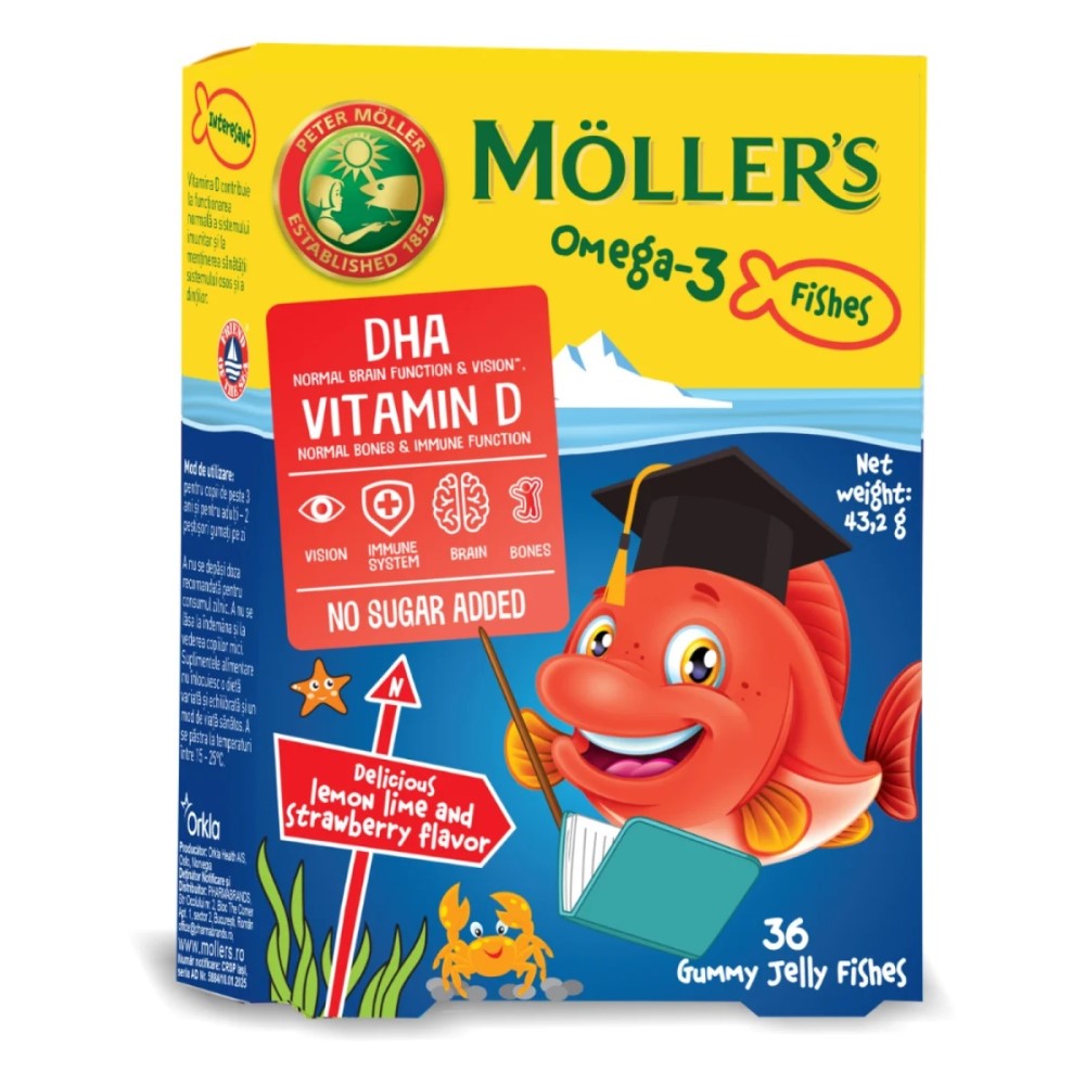 Moller's Omega-3+Vit.D pestisori gumati N36 (capsune, lamaie) 3ani+