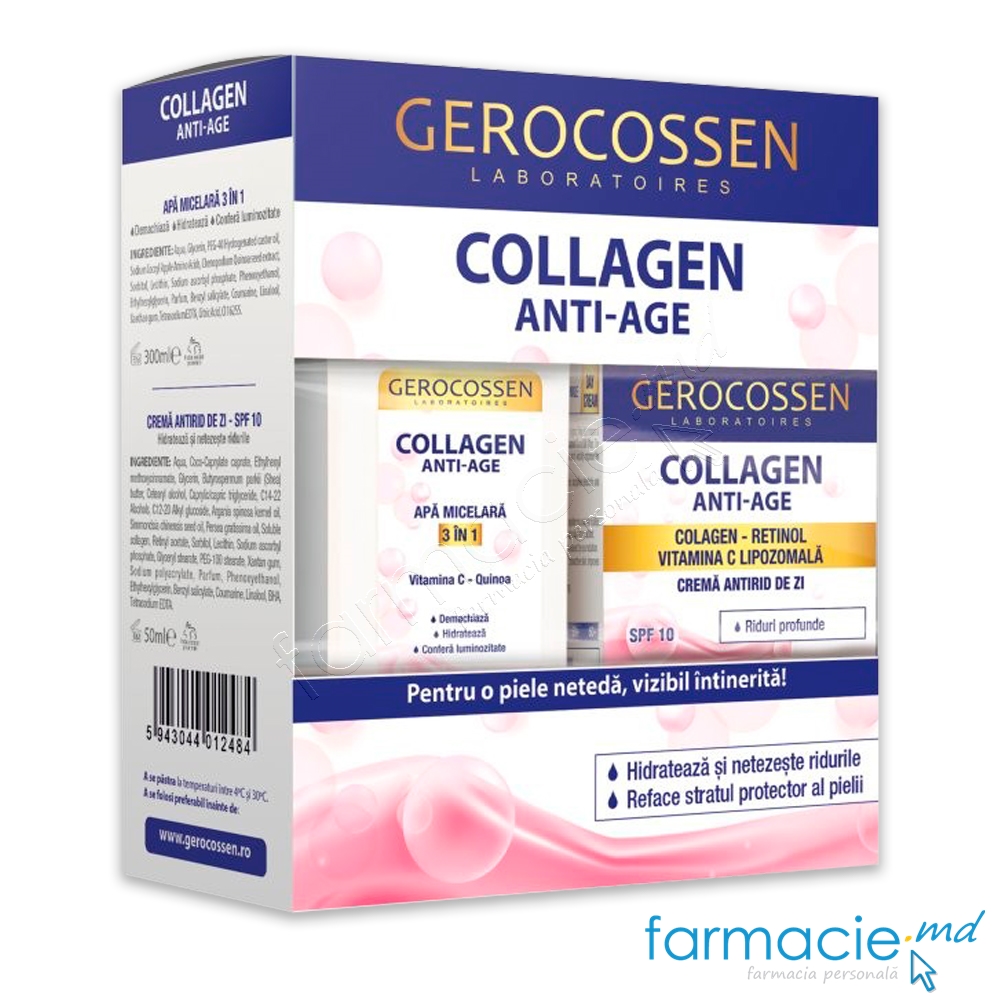Gerocossen Colagen Anti Age Crema fata antirid zi SPF10 50+50ml+Apa micelara 3 in 1 300ml Set