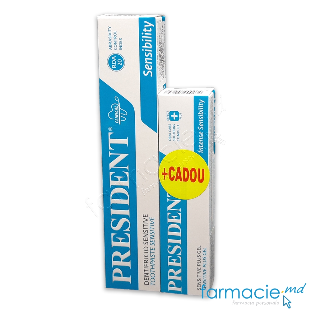 Pasta de dinti President Sensitive 75ml+Pasta-gel dinti President Sensitive Plus Strong 30ml CADOU