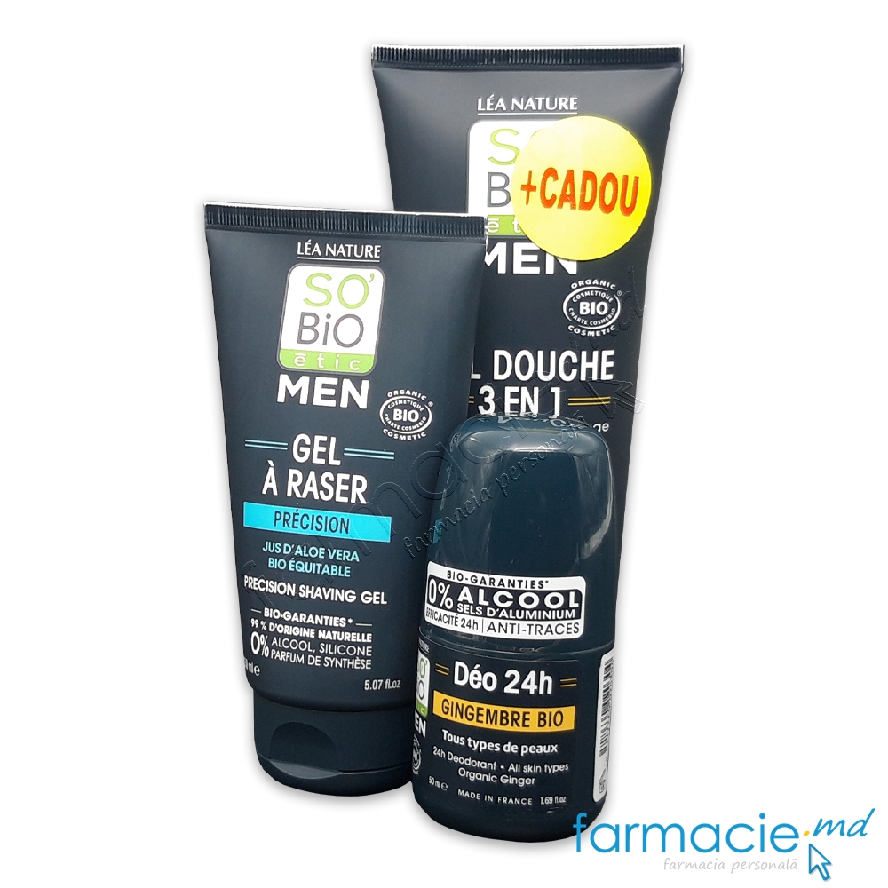 So Bio Men Gel de ras Aloe Vera 150ml + So Bio Men Deo Roll 24h Ghimbir 50ml + So Bio Men Gel dus Energizant 3in1 Ghimbir 200ml CADOU