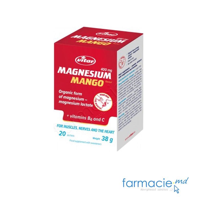 Magneziu Organic 400mg+Vit B6+Vit C Mango pulbere N20 Vitar