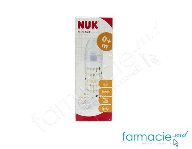 NUK Set Mini o luni+(sticluta 250 ml, tetina si suzeta silicon )