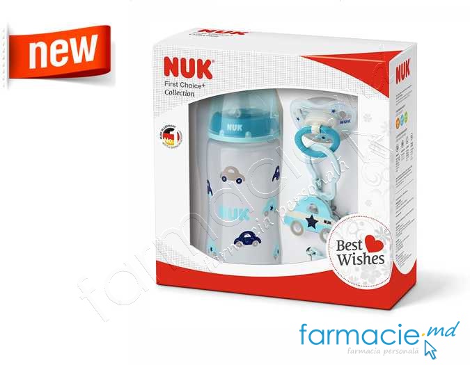 NUK Set collection blue (1 sticluta,1 suzeta,1 lantisor)