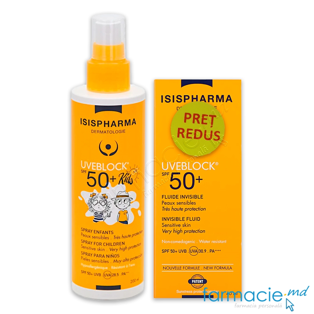 Uveblock spray protectie solara copii SPF 50+ 200ml+Uveblock SPF50 Invisible 40ml PRET REDUS