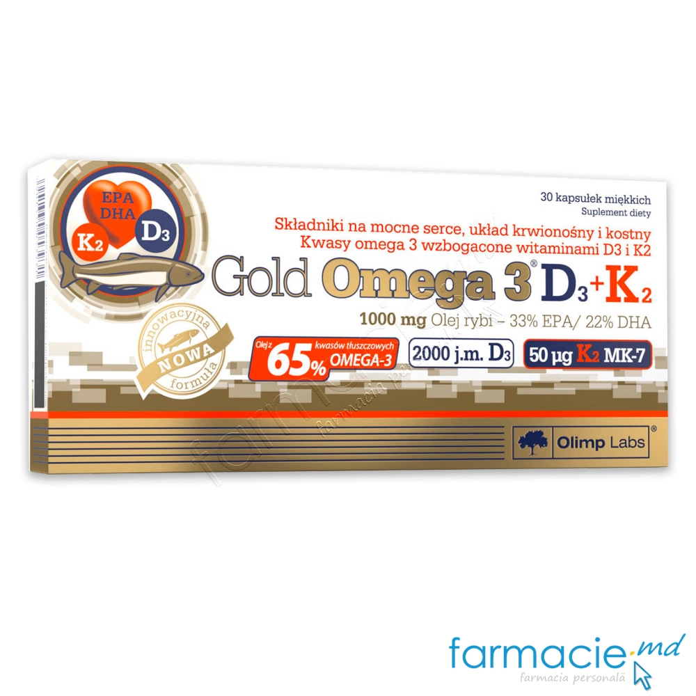Omega 3 Gold 1000mg (65%) cu D3+K2 (2000 UI+50μg) caps. N30 Olimp
