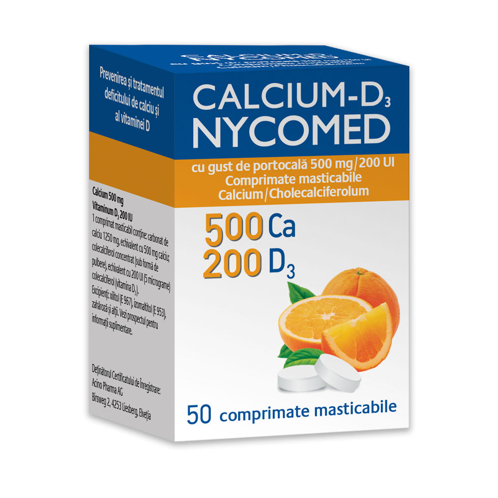Calcium-D3 Nycomed comp.masticab.500mg/200UI N50 (portocala) Acino