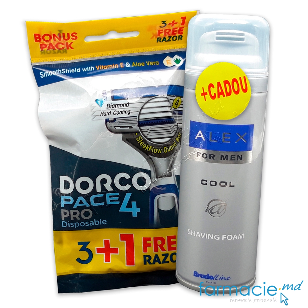Dorco Pace 4 Pro Razor portabil 4 lame N3+1 Gratis+Alex Cool Spuma de ras 200 ml Florin ZRT Cadou