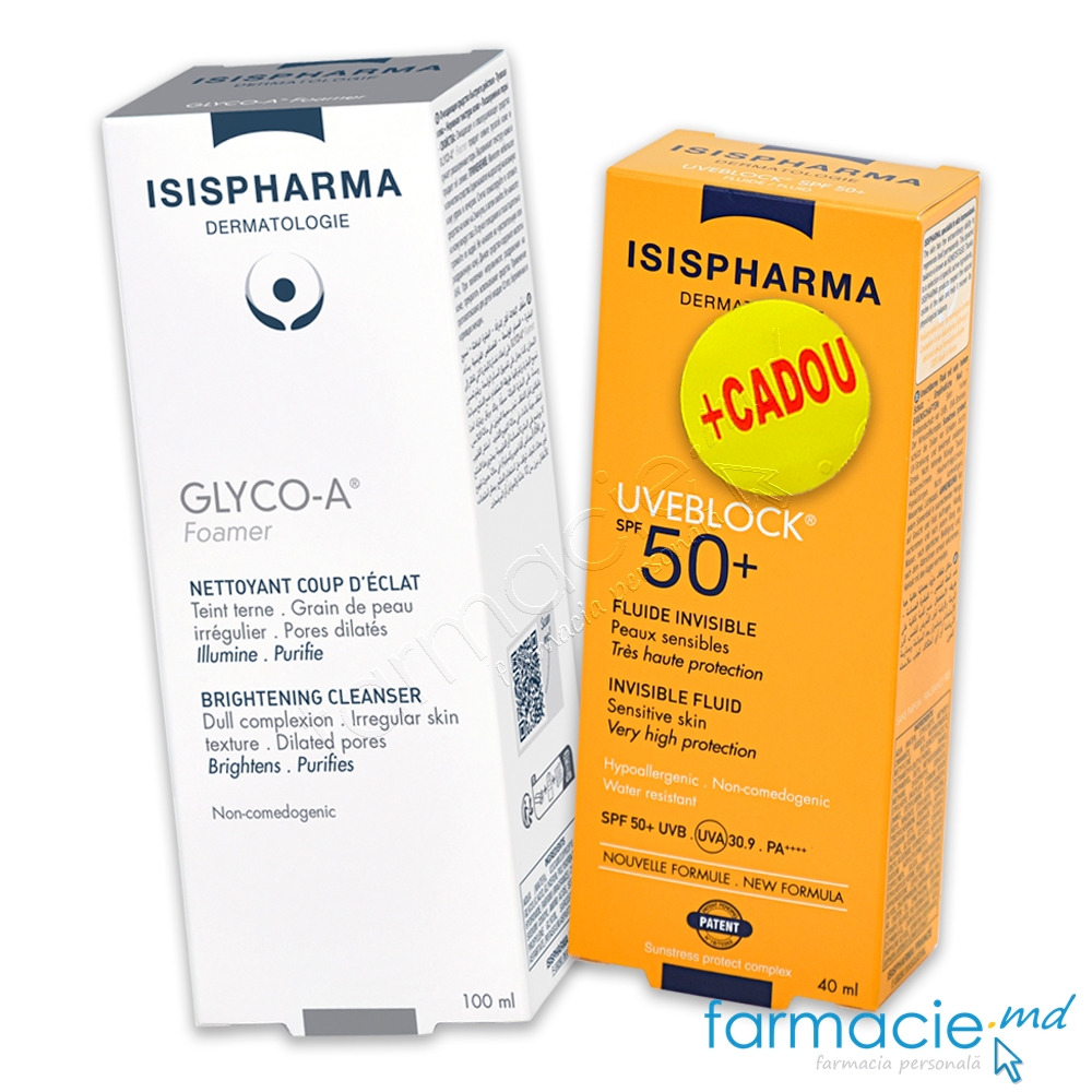Uveblock SPF50 Invisible 40ml+Glyco-A spuma de curatat 100ml Isispharma Cadou