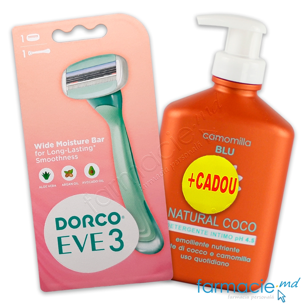 Dorco Eve 3 Sistema de ras 3 lame N1 femei+Camomilla Blu Natural Coco pH 4.5 gel intim cocos, musetel 300ml Cadou