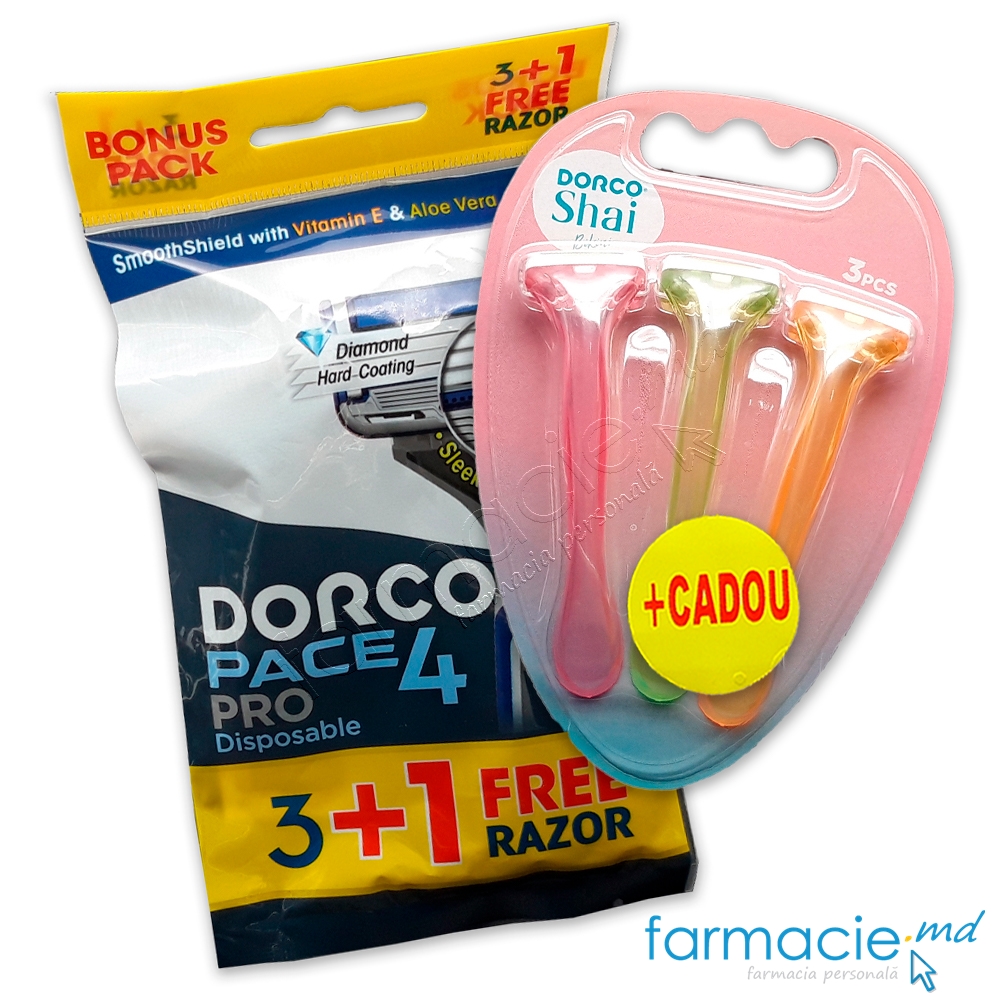 Dorco Pace 4 Pro Razor portabil 4 lame N3+1 Gratis+Dorco Shai Bikini Lama de ras N3 CADOU