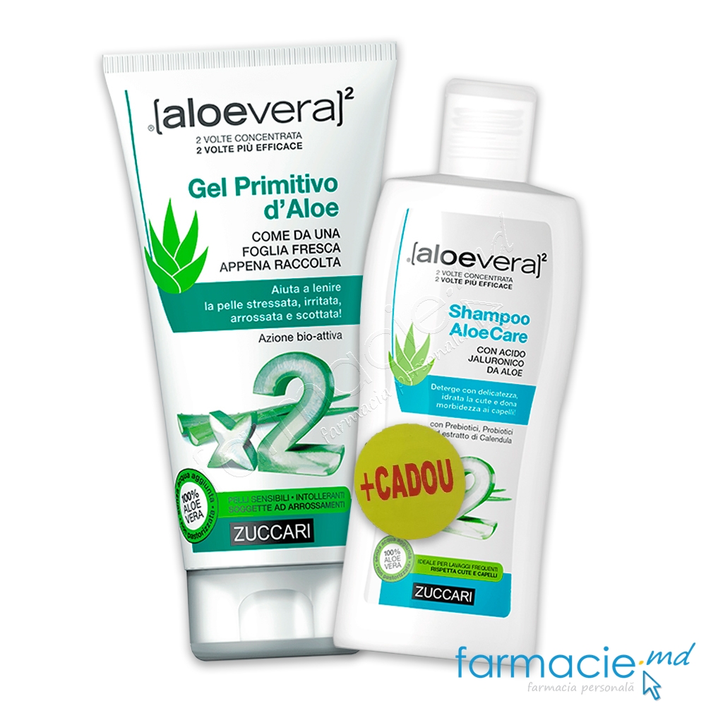 Zuccari AloeVera Gel de Aloe 100% pur dublu Concentrat 250ml + Zuccari AloeVera Sampon hidratant AloeCare cu Pre- si Probiotice 200ml CADOU